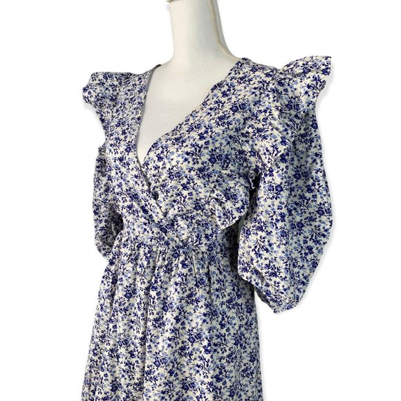 H&M Women’s Blue and White Floral Anglaise Puffed Sleeves Oversized Mini Dress M - Picture 3 of 11